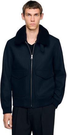 Sandro Wool aviator jacket with shearling in Navy Blue at Nordstrom, Size Xx-Large