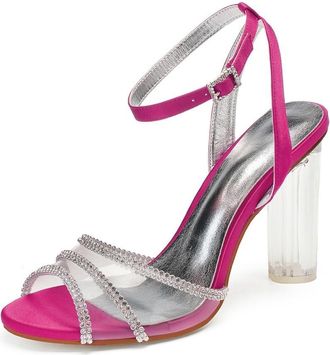 Generic Wedding Bridal Heels Womens Heels Ankle Strap Chunky Heel Dress Sandals Open Toe Bridal Satin Prom Party Dress Pumps 10.5Cm,Rose red,3 UK