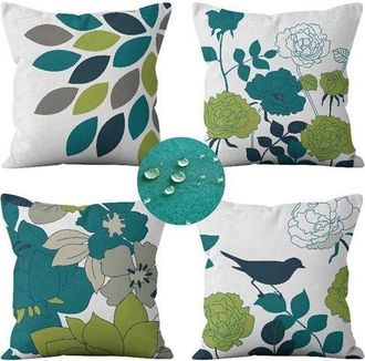 OEM Juego De 4 Fundas De Coj&iacute;n Impermeables Para Exteriores (45 X 45 Cm) Con Estampado Floral Y De P&aacute;jaros En Azul Y Verde Para Sof&aacute;, Patio, Jard&iacute;n, Sala 