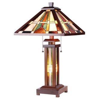 Chloe Lighting PERCIVAL Tiffany-style Mission 3 Light Double Lit Wooden Table Lamp 15 Shade