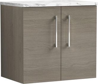 Nuie Arno Wall Hung 2-Door Vanity Unit with Carrera Marble Worktop 600mm Wide - Solace oak - Nuie