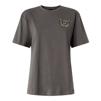 Pinko T-Shirts, female, Gray, Size: XL Love Birds Jewel Embroidery T-shirt