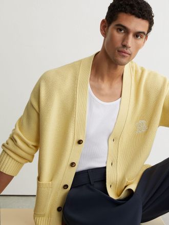Reiss Powder Yellow Monogram-embroidered Relaxed Cardigan, Xxl
