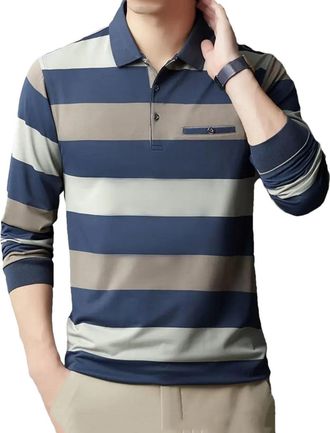 Generic Men Polo-Neck Striped Shirt Long Sleeve Buttons Contrast Color Business Casual T-Shirts Gray L