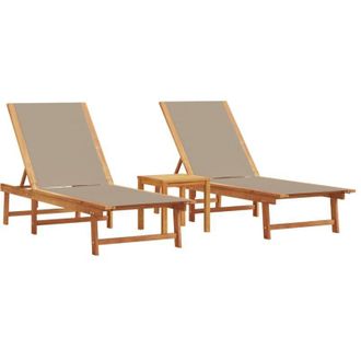 vidaXL Tumbonas 2 Uds Con Mesa Madera Maciza Acacia Y Textileno Taupe Vidaxl