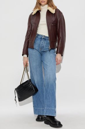 Bottega Veneta Leather Jacket With Detachable Fur Collar, Womens, Burgundy