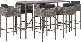 vidaXL Vidaxl - Mesa Y Taburetes Altos Jard&iacute;n Y Cojines 7 Pzas Rat&aacute;n Pe Gris