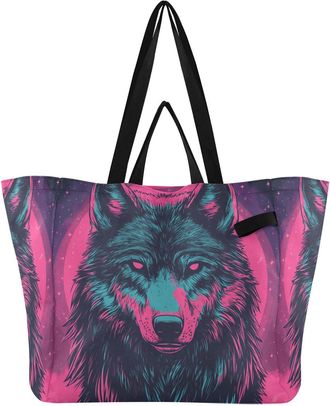 Generic White Horse Blue Pink Wolf pattern Reusable Canvas Tote Bag, Heavy Duty Grocery Shopping Bag with Double Handles Large Capacity Hard Bottom Work Groce