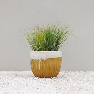PRIMROSE Ribbed Textured Glazed Round Patio Planter in Two Tone Yellow 45cm in Brown