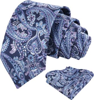 Alizeal Mens Paisley Tie for Men Pocket Square Wedding Party Flroal Necktie & Hanky Set, Navy+Purple
