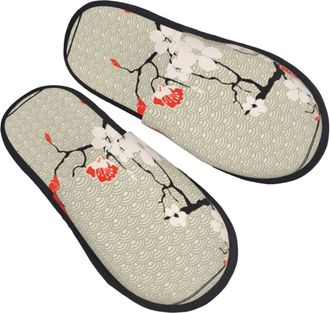 Generic Women Men Slippers Japanese Red Umbrell Cherry Flower House Shoes Plush Fleece Lined Indoor Shoes Anti-Skid Bedroom Slipper For Travel Party Outdoor M