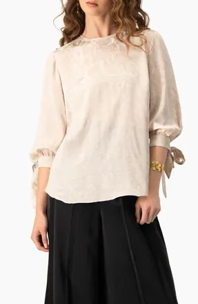 Ivonne Floral Jacquard Tie-Cuff Blouse with Three-Quarter Sleeve in Beige at Nordstrom, Size 12