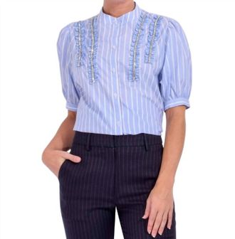 Essentiel Rhinestone Frill Shirt In Pale Kings Blue