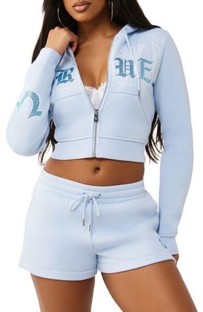 True Religion Embellished Logo Crop Hoodie in Cashmere Blue at Nordstrom, Size Xx-Large