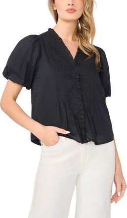 CeCe by Cynthia Steffe Pintuck Detail Cotton Voile Top in Rich Black at Nordstrom, Size X-Large