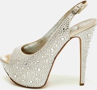 Gina Size 38.5 Light Grey Satin Crystal Embellished Peep Toe Platform Slingback Sandals