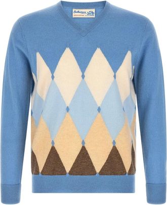 Ballantyne Klassieke Diamant V-hals Trui - Heren - V-hals truien - Blauw - 2XL - Kasjmier - Truien & Vesten
