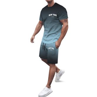 Generic Male Casual Striped Gradient Ramp Print Two Piece Zipper Short Sleeve Top Blouse Suit Drawstring Pocket Set Men Extra Slim Fit133