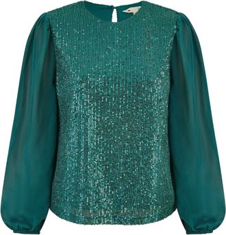 Yumi Green Sequin Top with Sheer Sleeves 10 Green