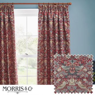 Morris & Co. Strawberry Thief Jacquard Floral Room Darkening Pencil Pleat Curtain Pair in Red | Size: 168 cm width x 137 cm drop