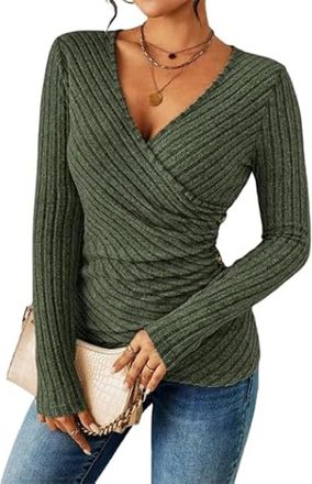 Generic Womens Casual Long-Sleeved Sexy V-Neck Wrap-Up Top, Autumn Ribbed Knit Slim Fit Pullover. (Army Green,XXL)