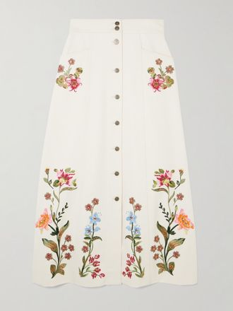 Valentino Garavani Gonna Maxi In Denim Con Ricami E Paillettes - Crema