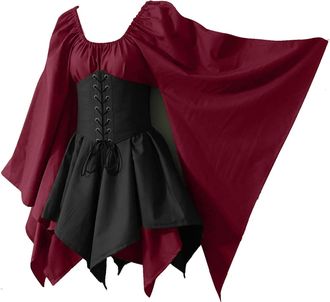 Generic Womens Halloween Costume Womens Gothic Patchwork Corset Dress Ladies Medieval Renaissance Long Sleeved Ruffled Steampunk Goth Cosplay Skirt Elegant Bo