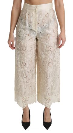 Dolce & Gabbana Womens Cream Lace High Waist Palazzo Cropped Pants - Silver Cotton - Size IT 44 (Womens)