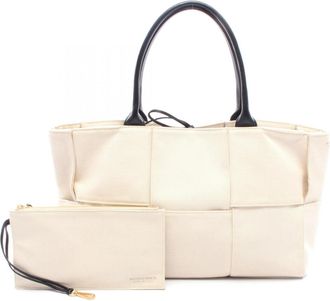 Bottega Veneta Black Ivory Canvas Leather Handbag Pouch Tote Bag (Pre-Owned)