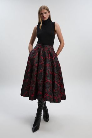 Karen Millen Womens Floral Jacquard Tailored Full Prom Skirt - Red - Size 10 UK
