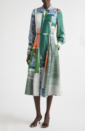 Jason Wu Collage Print Belted Long Sleeve Sandwashed Silk Shirtdress in Blue Green Multi at Nordstrom, Size 10