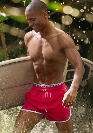 Copenhagen Badeshorts COPENHAGEN STUDIOS, Herren, Gr. L (52), N-Gr, rot, Recycling-Polyester, unifarben mit Farbeins&auml;tzen, Badehosen Badeshorts, mit elastischem 