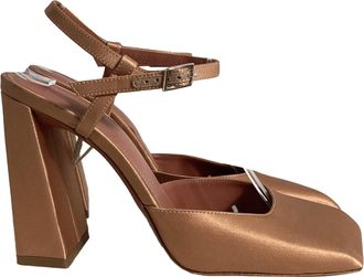 Amina Muaddi Charlotte Pumps in Brown Satin