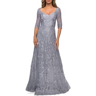 La Femme Embroidered Lace Gown with V Neckline and Flare Skirt in Silver at Nordstrom, Size 12
