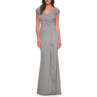 La Femme Elegant Net Jersey Long Gown with Ruching in Silver at Nordstrom, Size 14