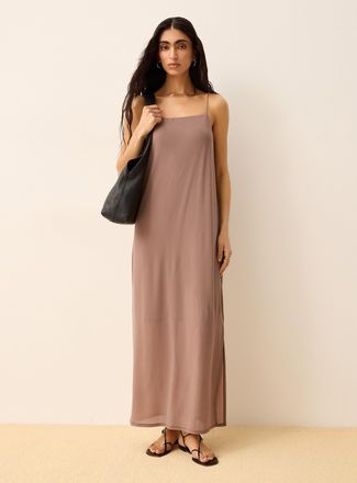 Icone Womens Slim straps side slit maxi micromesh dress