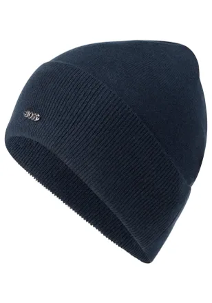 HUGO BOSS Beanie BOSS Lari_hat, Damen, dunkelblau 404, Strick, Materialmix, unifarben, M&uuml;tzen Beanie, mit Aufschlag in Rippoptik