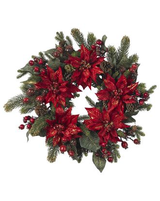 Nearly Natural 24In. Poinsettia & Berry Wreath