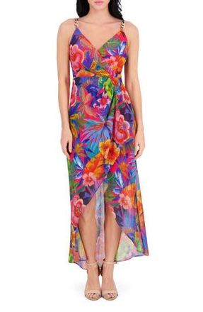 Siena My Balconia Floral Souflee Crepe Faux Wrap Midi Dress in Hot Pink Multi at Nordstrom Rack, Size 2