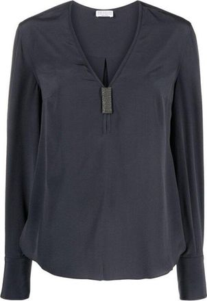 Brunello Cucinelli Dark Blue V-Neck Blouse With Embellishment, Size Medium
