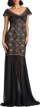 Tadashi Shoji Off the Shoulder Mixed Media Lace Gown in Black/Nude at Nordstrom, Size 14