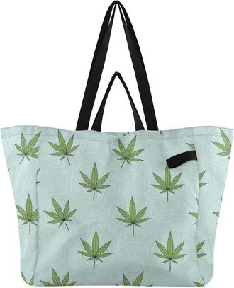 Generic Leaves Teal print Reusable Canvas Tote Bag, Heavy Duty Grocery Shopping Bag with Double Handles Large Capacity Hard Bottom Work Groceries Travel