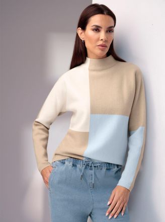 Heine Stehkragenpullover HEINE Pullover, Damen, Gr. 34, blau (beige, hellblau, gemustert), 50% Viskose, 28% Polyester, 22% Polyamid, gemustert, mehrfarbig, 