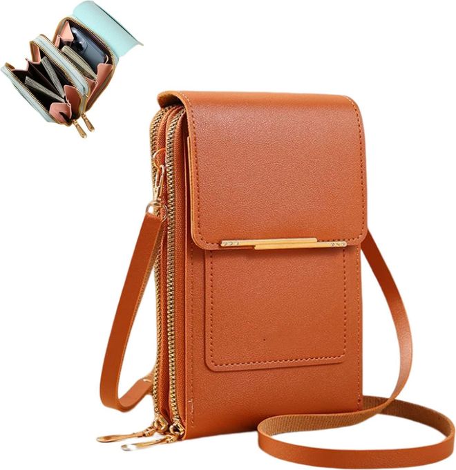 Anti Theft Leather Bag, Mobile Wallet For Women, Small Crossbody Cell Phone Purse for Women, Blocking PU Leather Crossbody Bag (Brown)