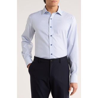 Lorenzo Uomo Trim Fit Textured Vertical Stripe Cotton Dress Shirt in White/Navy at Nordstrom Rack, Size 14.5 - 32