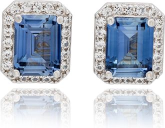Suzy Levian Sterling Silver Emerald Cut Blue Sapphire Diamond Accent Halo Stud Earrings
