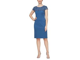 Alex Evenings Short Sheath Dress with Embroidered Illusion Neckline Womens Dress Vintage Blue : 10, Polyester/Spandex