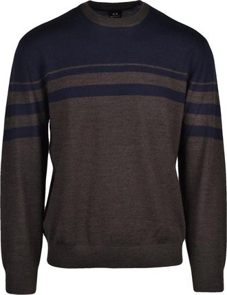 A|X Armani Exchange Blue/Brown Striped Virgin Wool-Blend Crewneck Sweater