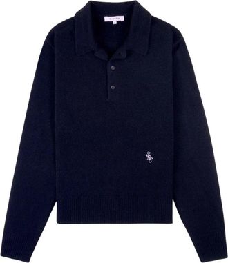 Sporty & Rich SRC Geborduurd Kasjmier Polo Sweater - Heren - Cashmere truien - Blauw - M - Kasjmier - Truien & Vesten