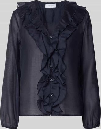 Comma Regular Fit Bluse aus Lyocell-Mix mit Volants in Marine, Gr&ouml;&szlig;e 34